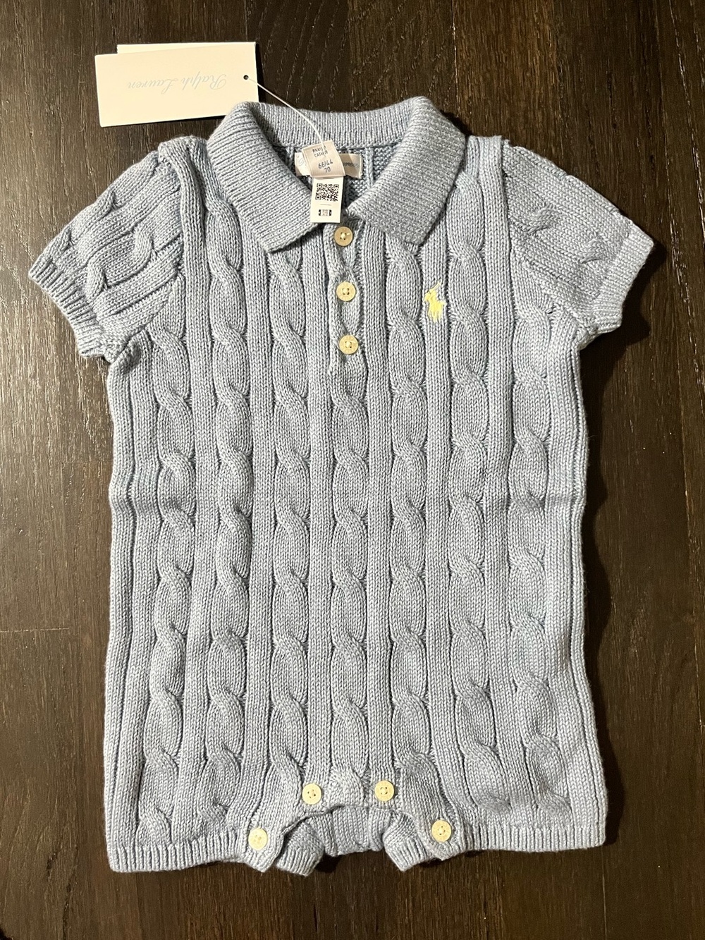 Ralph Lauren Light Blue Cable Knit Polo Romper - Baby